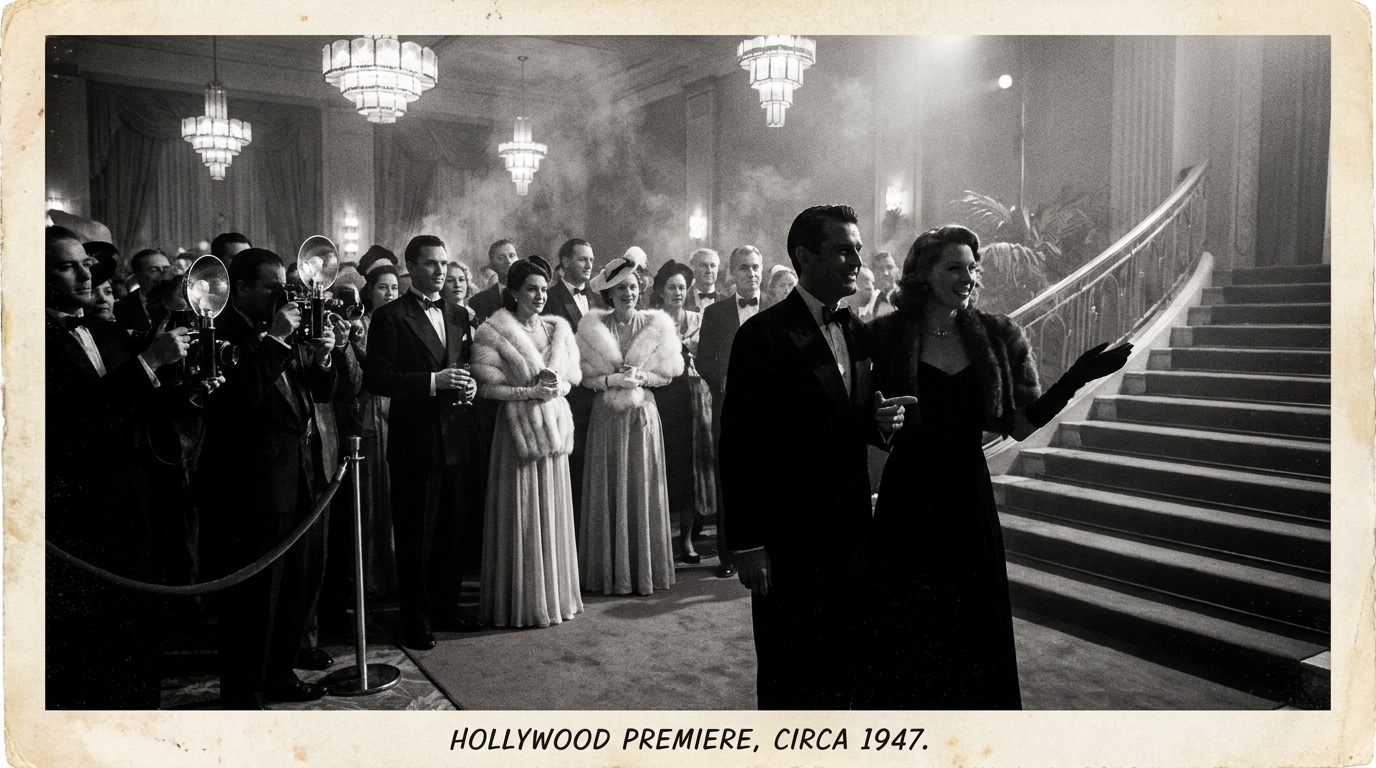 1940s Hollywood actors in formal wear at event