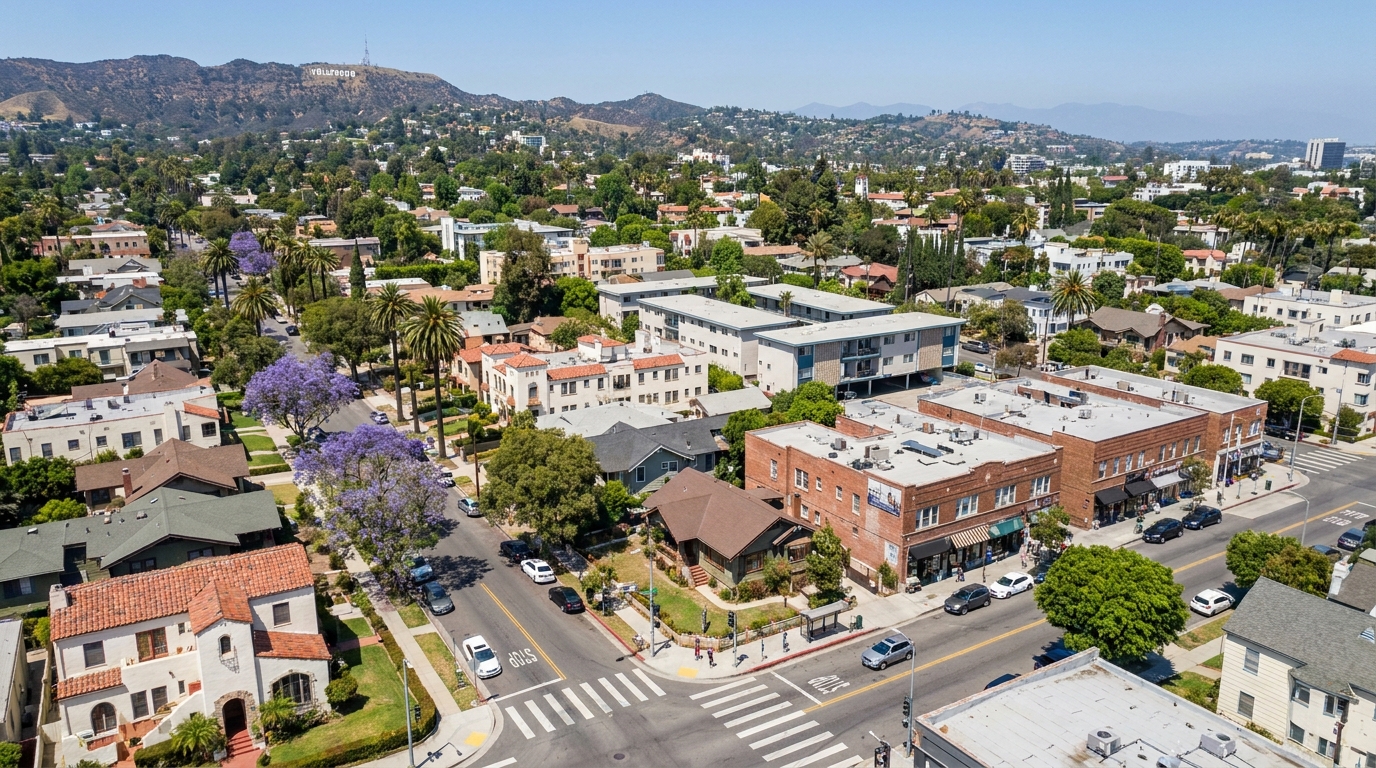 Aerial view of Hollywood neighborhoods and architecture