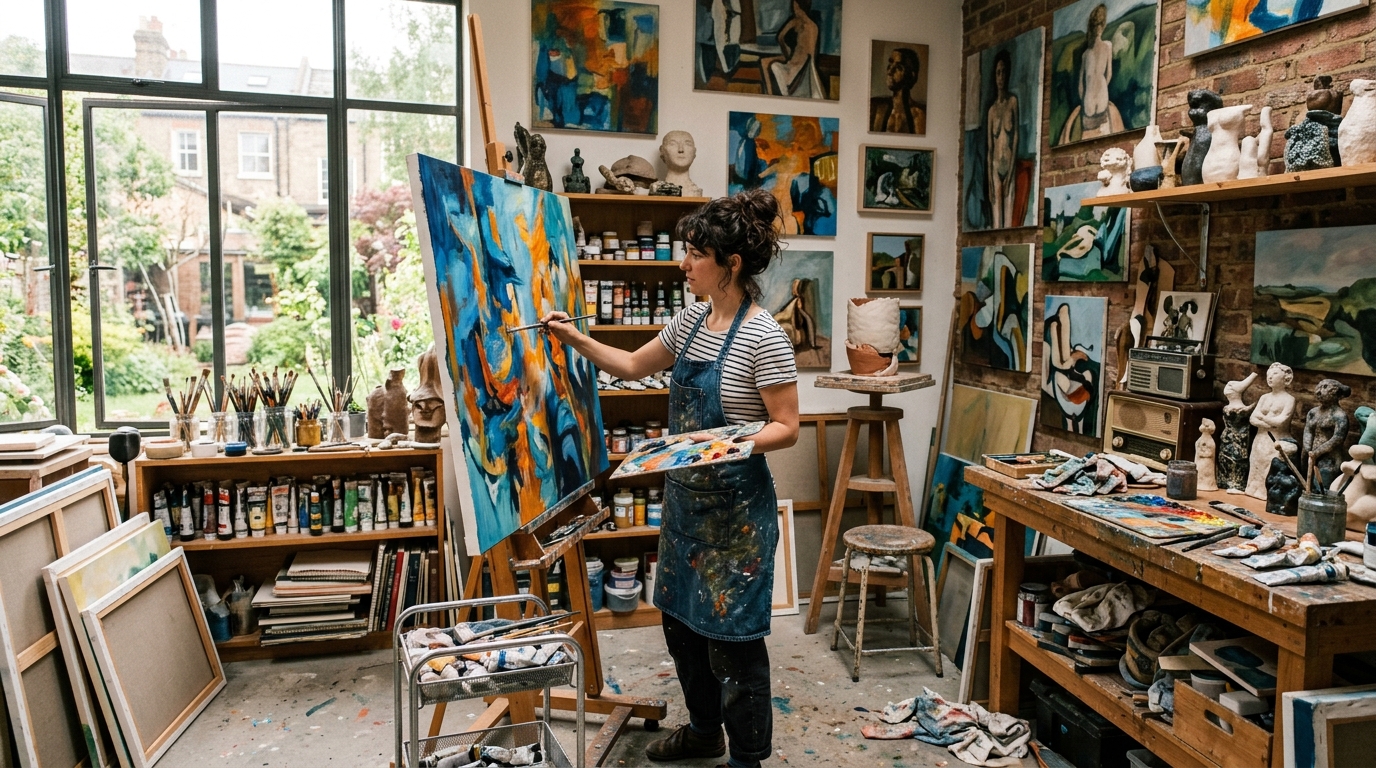 Artist working in studio with creative materials