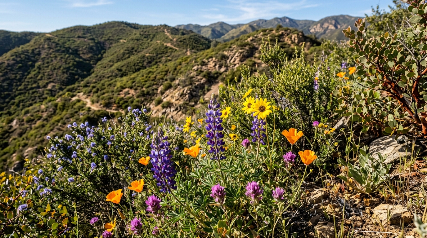 Chaparral vegetation with wildflowers and native plants