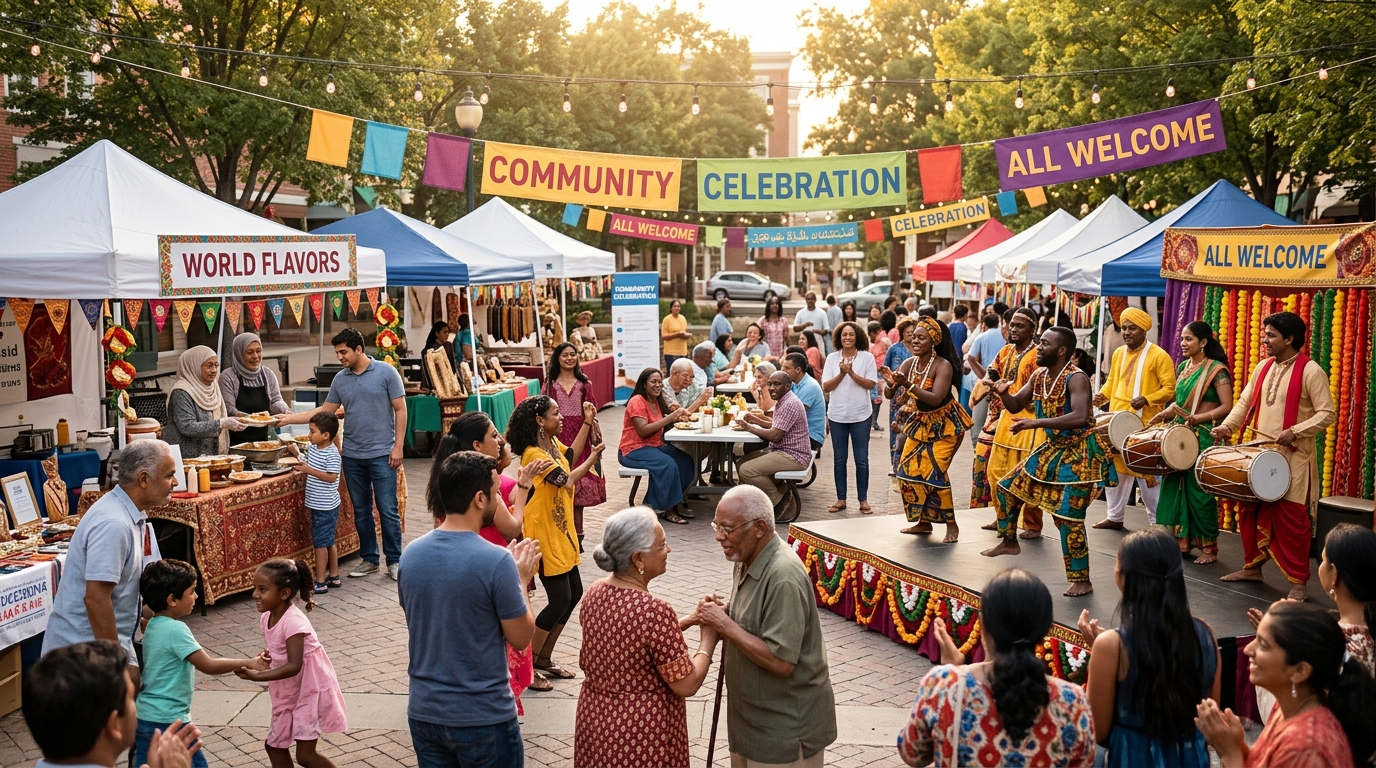 Community cultural event with diverse people celebrating