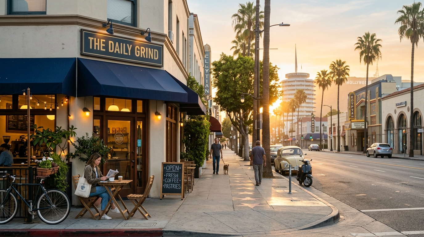 Early morning Hollywood café with street scene