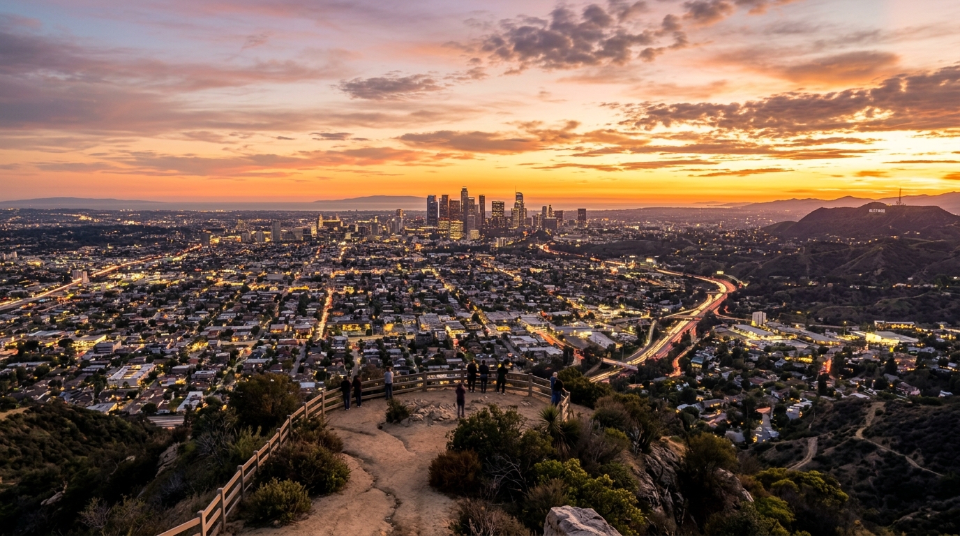 Evening Los Angeles cityscape from hilltop
