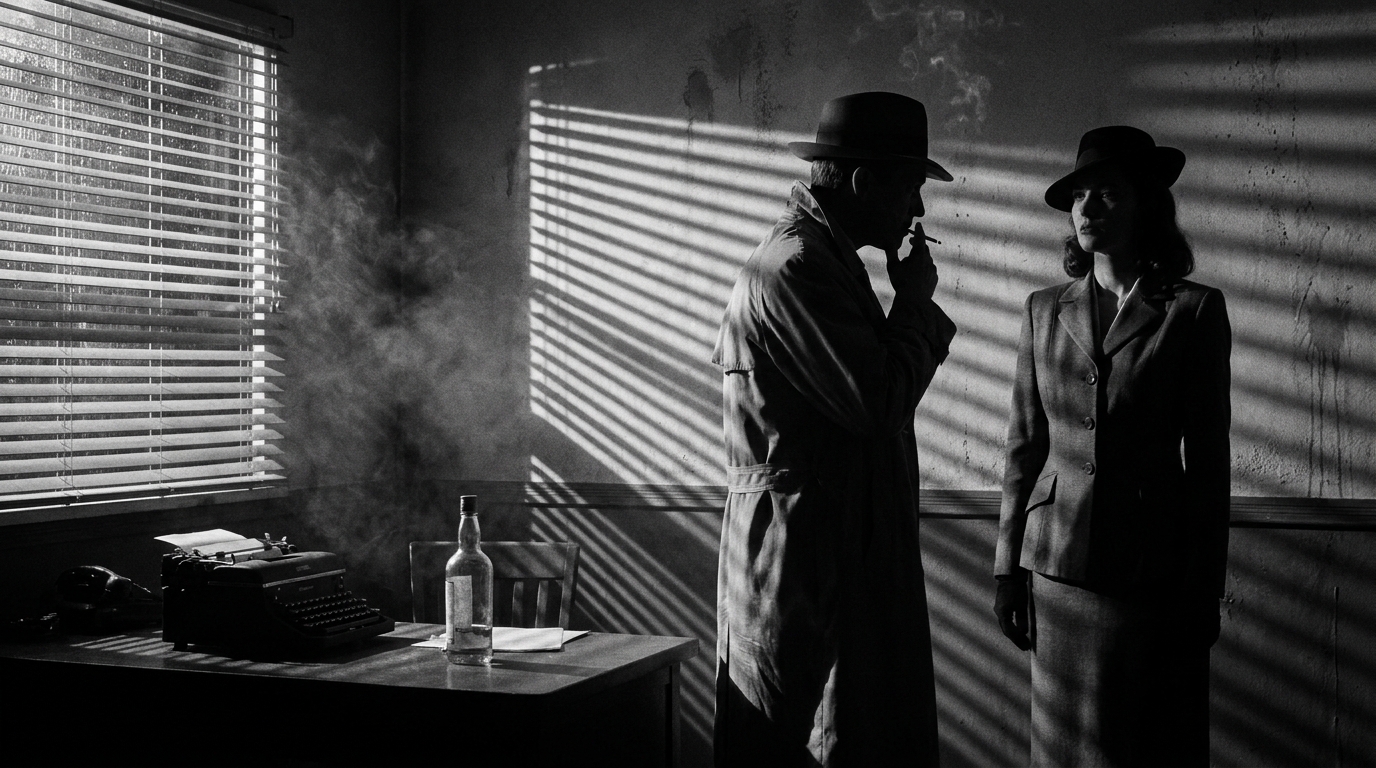 Film noir scene with dramatic shadows and silhouettes