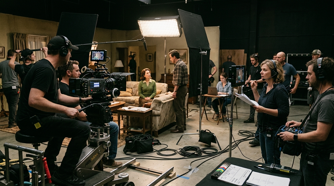 Film production set with cameras and crew