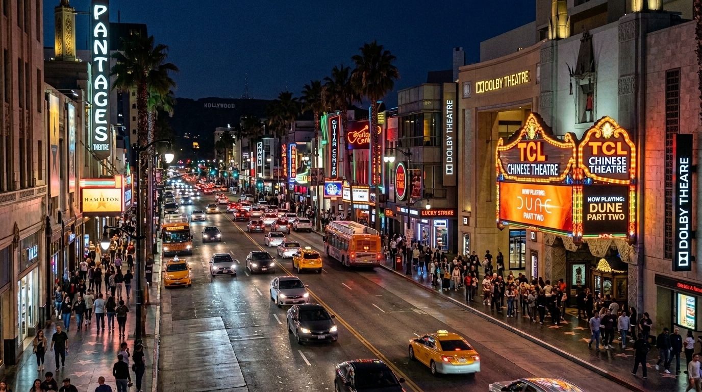 Hollywood Boulevard at night with theater lights