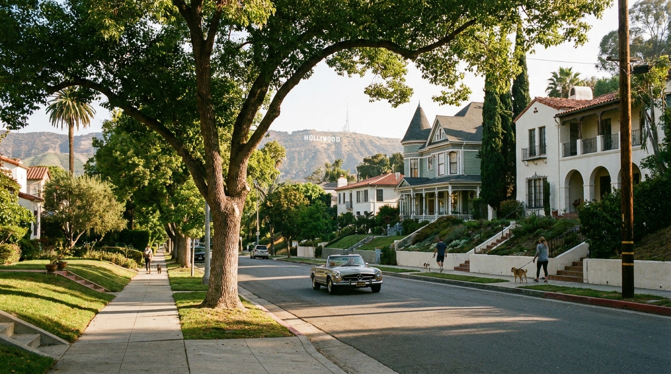 Hollywood Hills residential street with Victorian homes