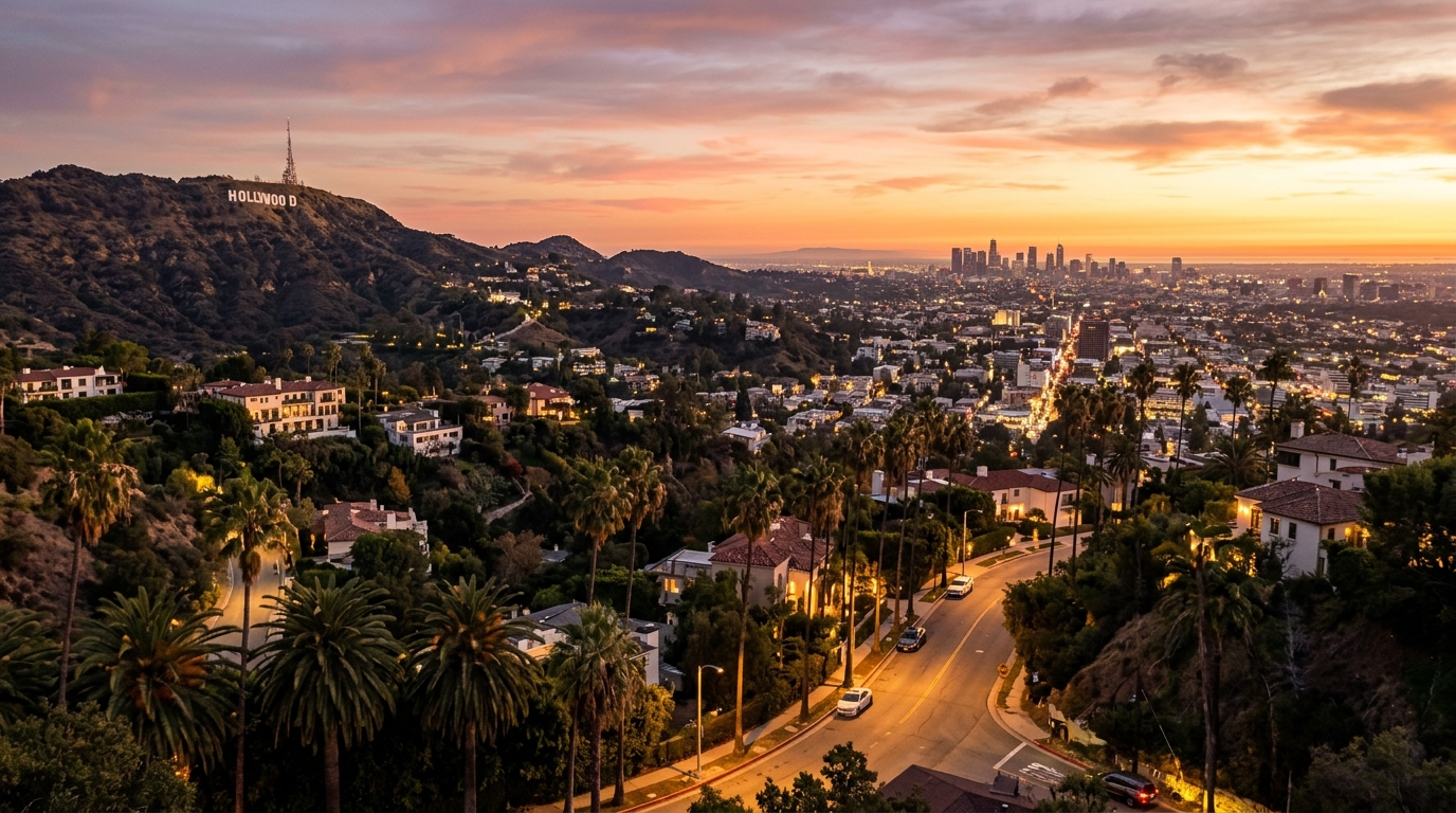 Hollywood sunset with palm trees and city lights