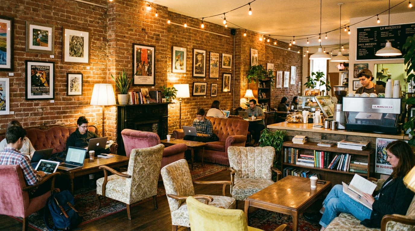 Independent café interior with brick and vintage furniture