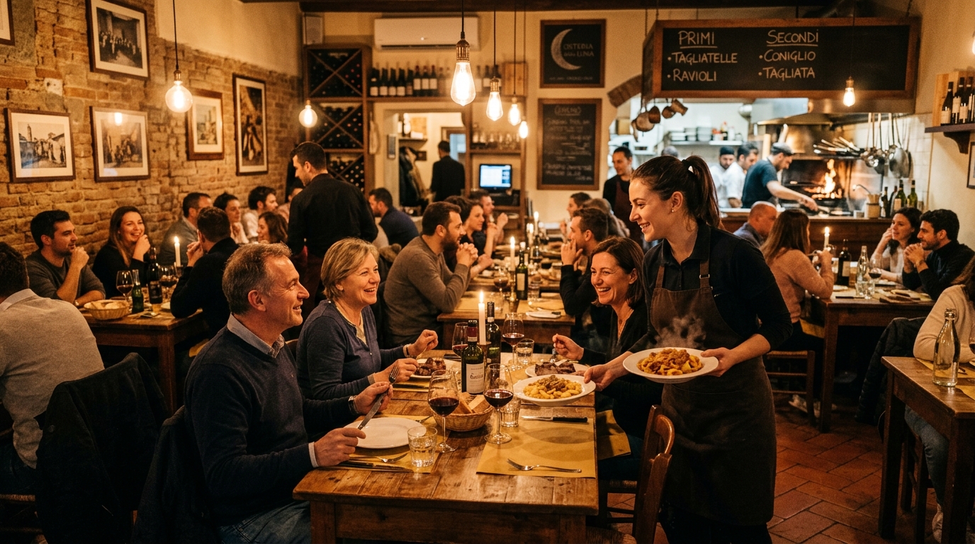 Local restaurant interior with diners and food