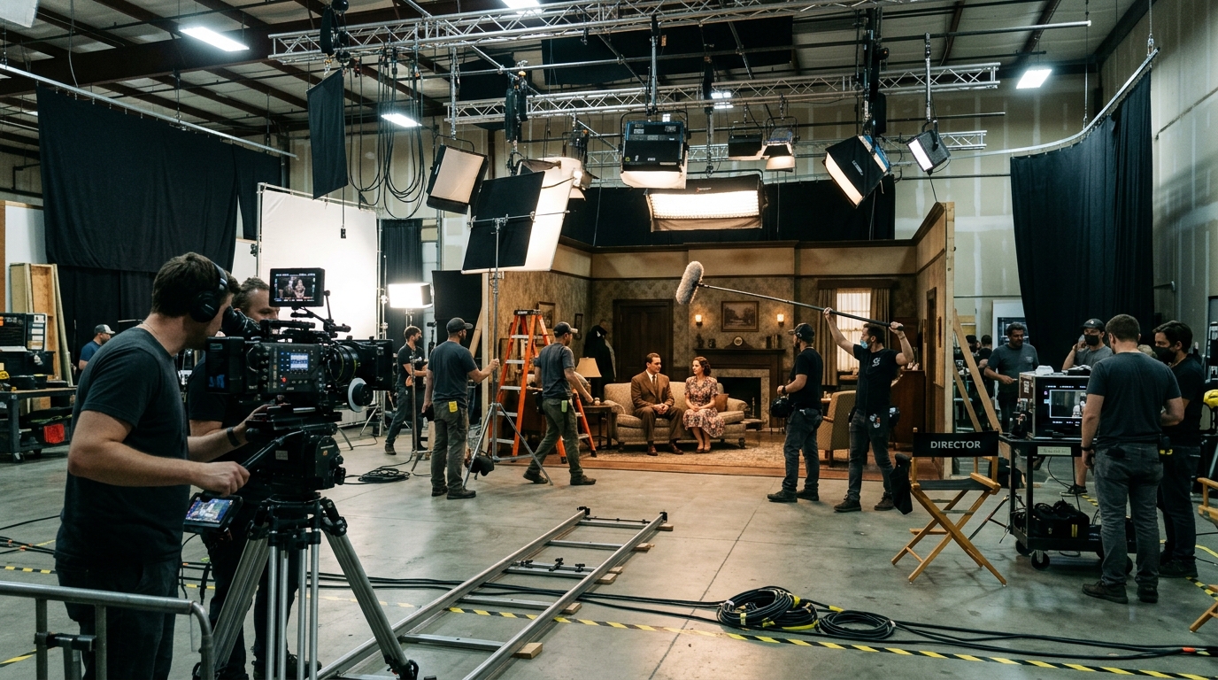 Movie soundstage with lighting and production crew