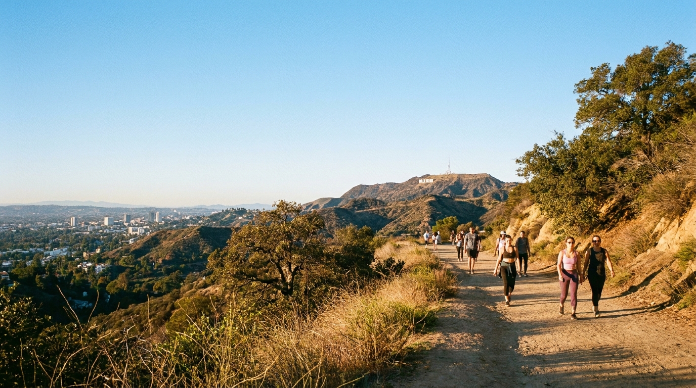 Runyon Canyon trail with hikers and city views