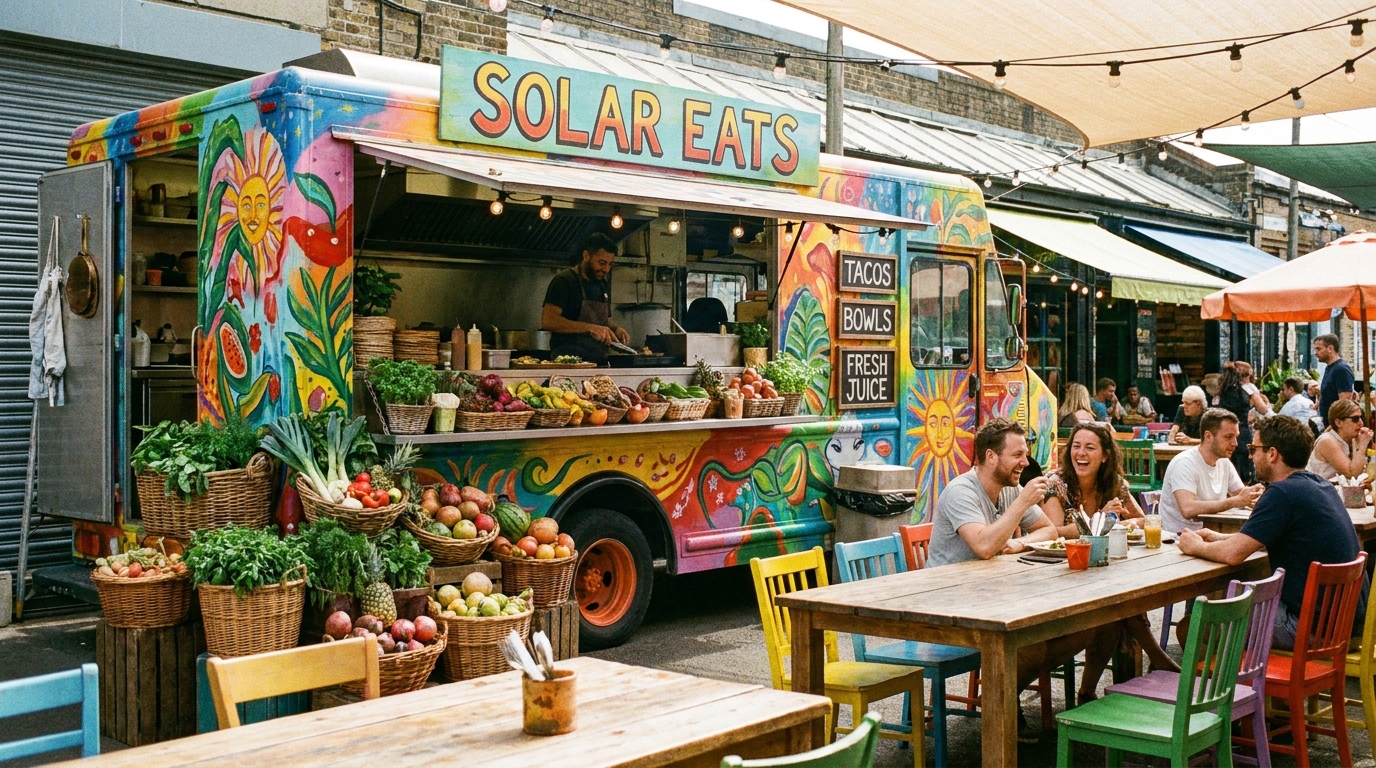 Street food vendor with customers and colorful display