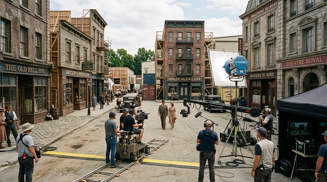 Studio backlot with building facades and sets