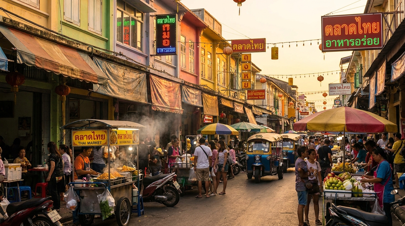 Thai Town street with colorful storefronts and vendors