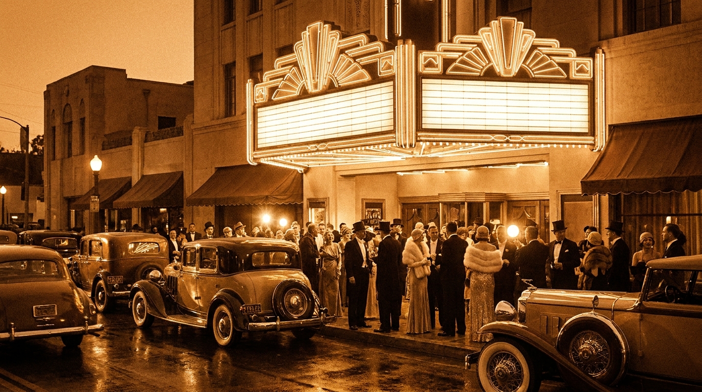 Vintage 1930s Hollywood movie premiere with theater marquee