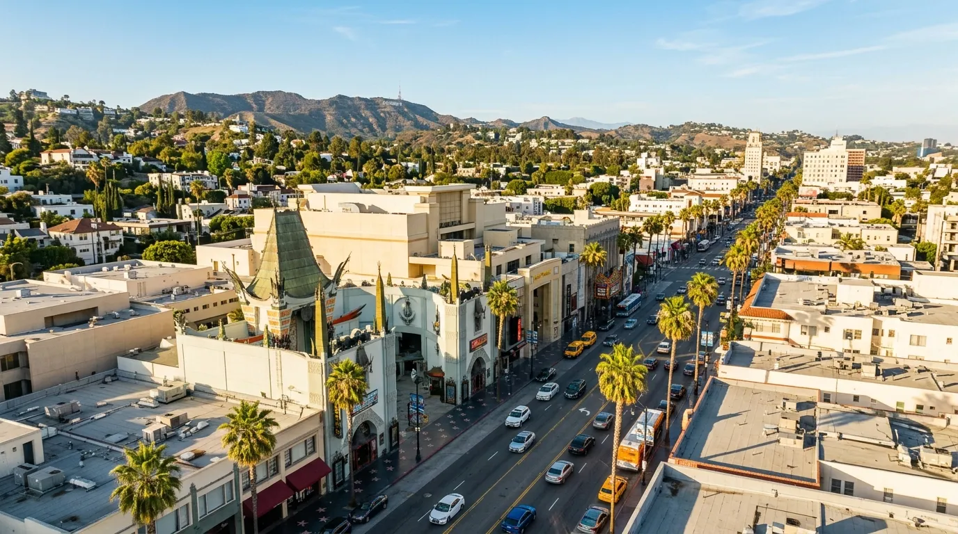 Weekend visitors walking along Hollywood Boulevard on a sunny afternoon