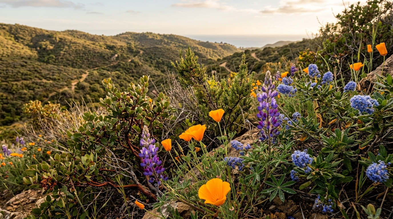 Chaparral wildlife and wildflowers in nature