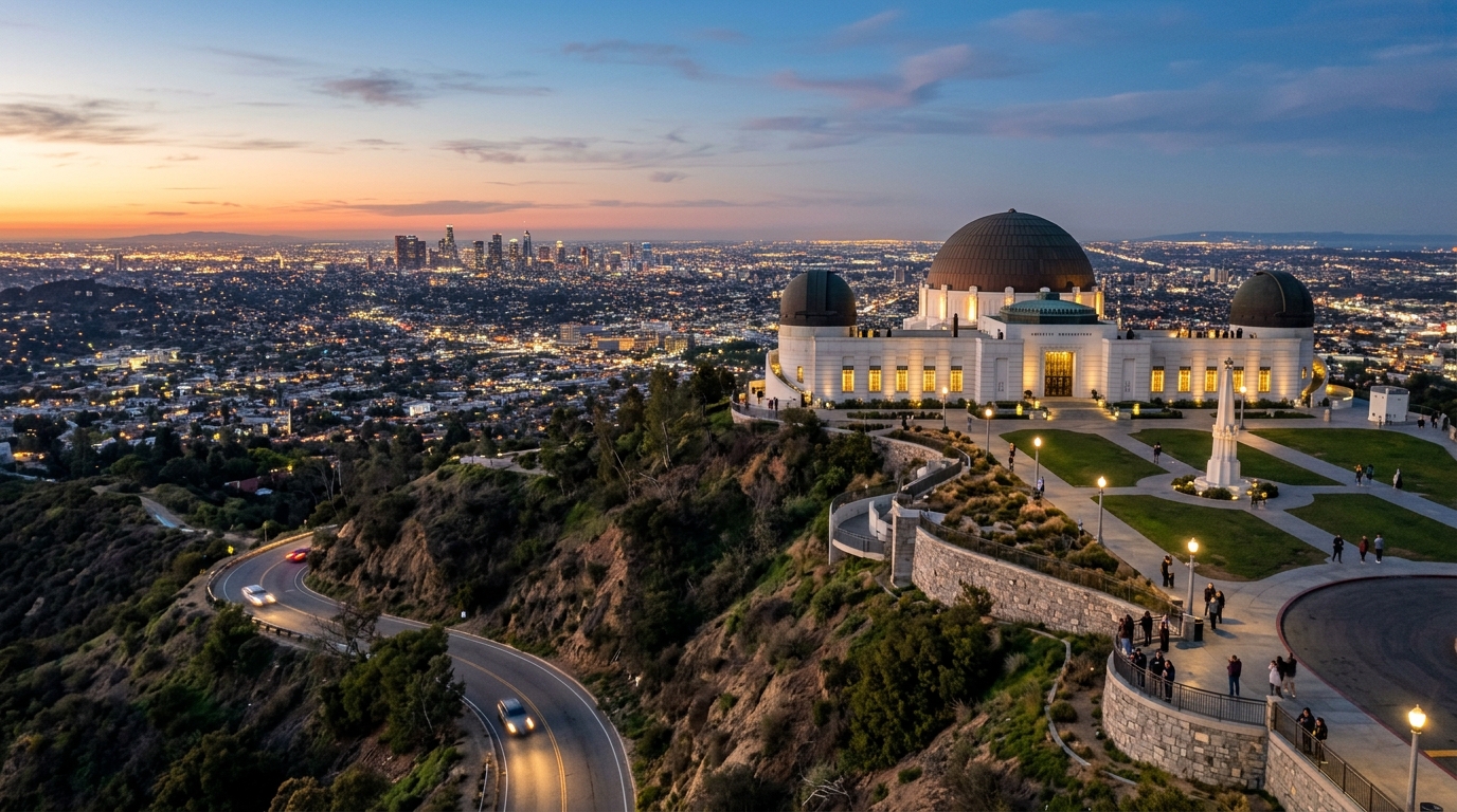 Griffith Observatory dome with city skyline