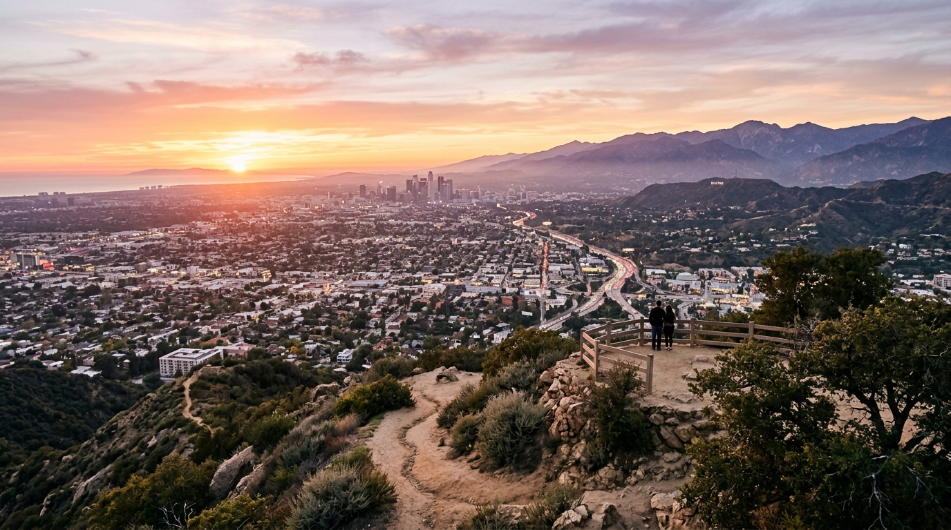 Hilltop sunset view of Los Angeles mountains