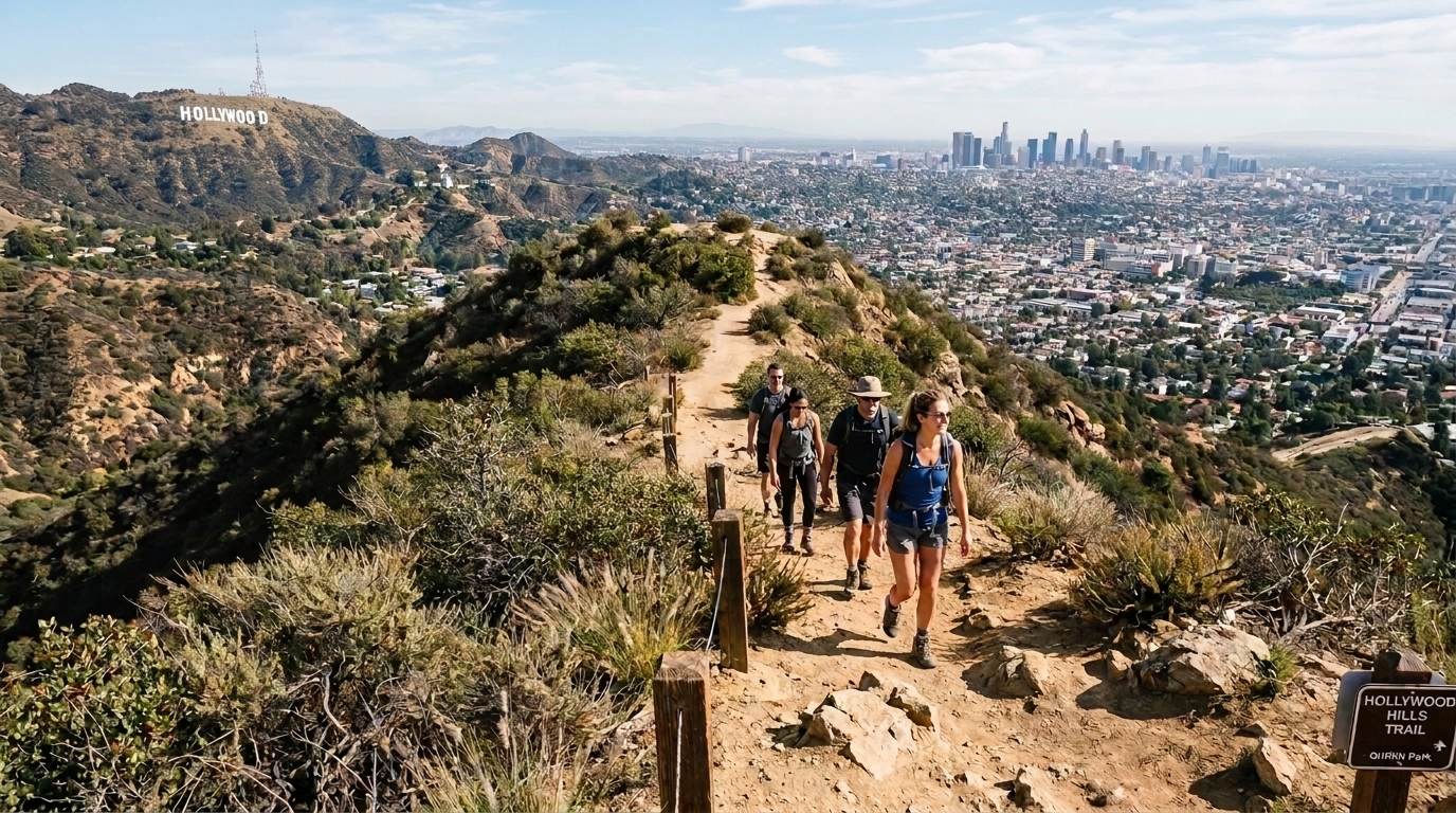 Hollywood Hills hiking trail with city views