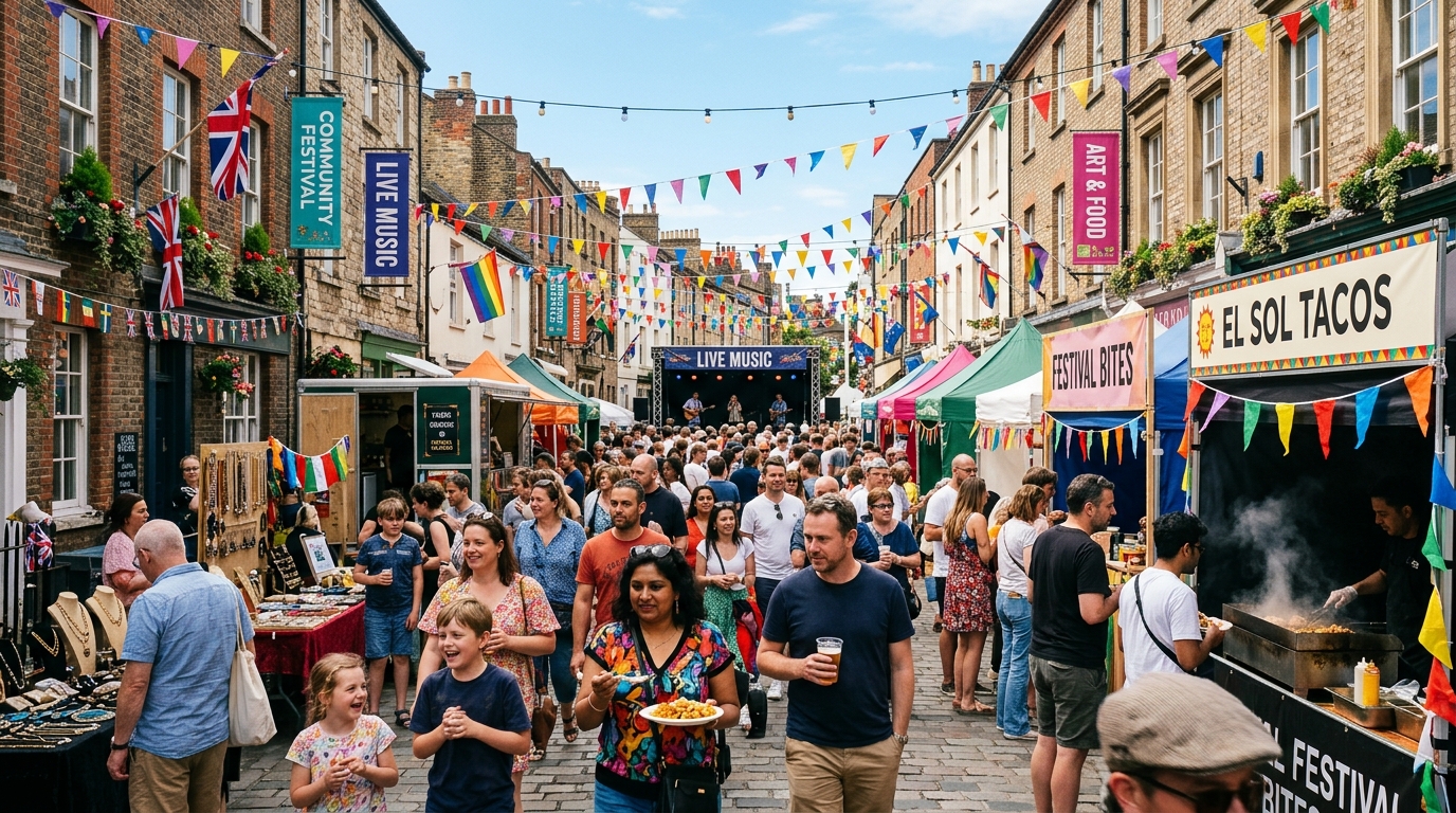 Street festival with crowds and food vendors