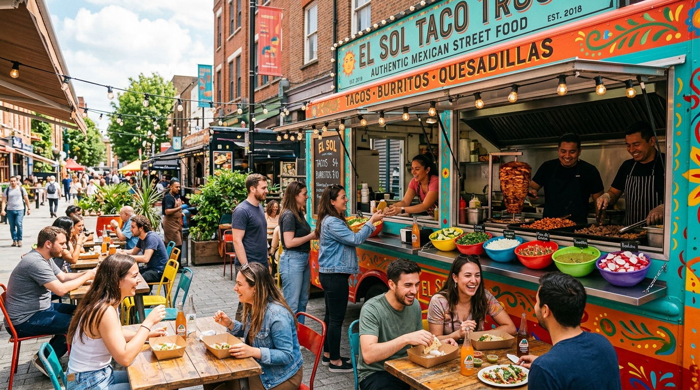 Street food vendor with customers and food display