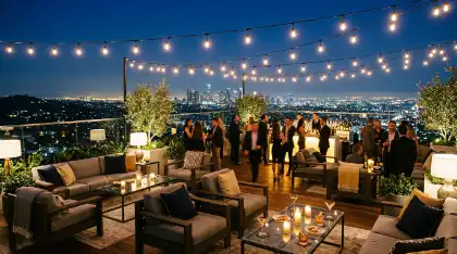 Rooftop lounge overlooking city